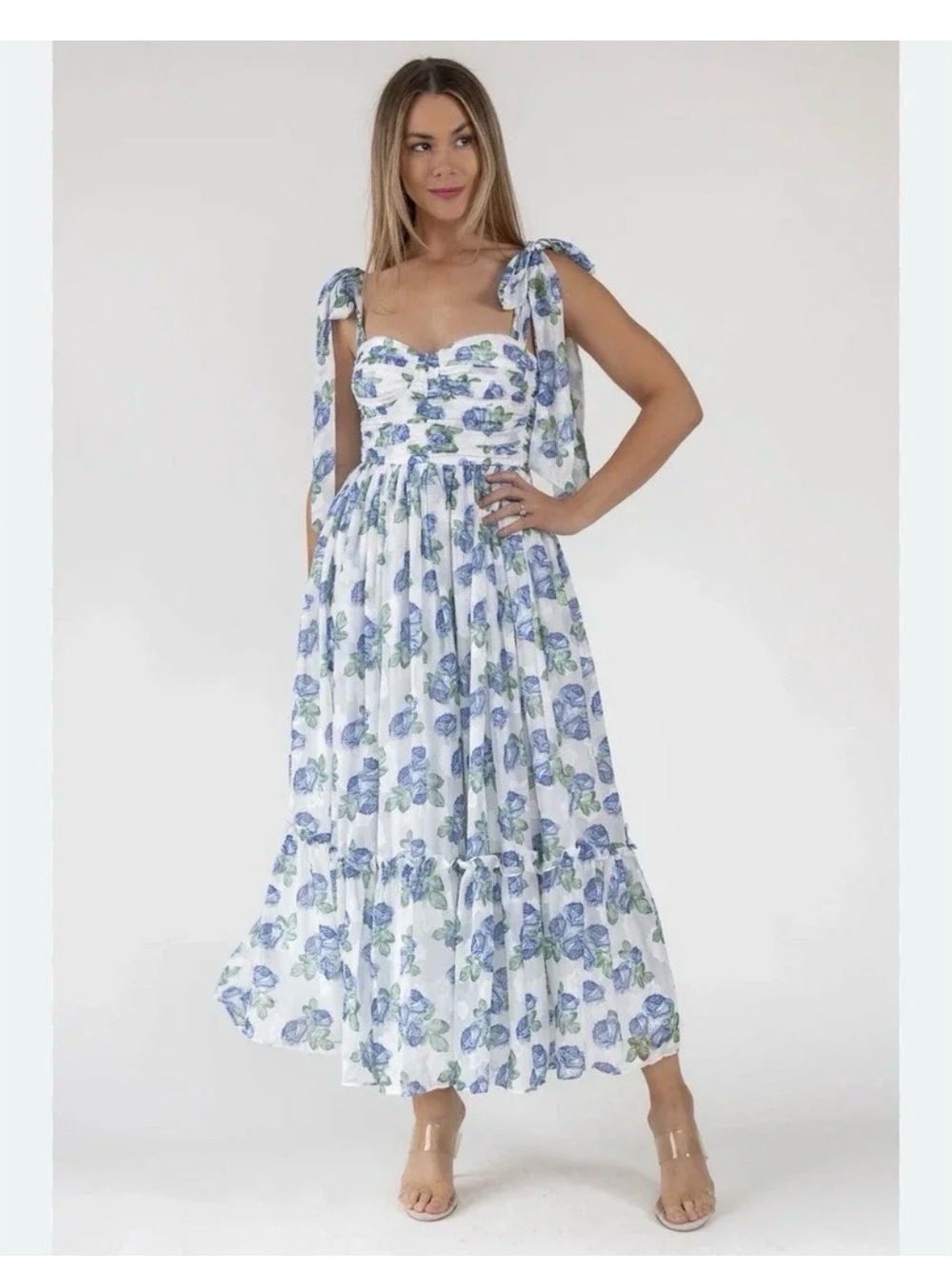 White Maxi Dress with Blue Floral Print and Tie Straps